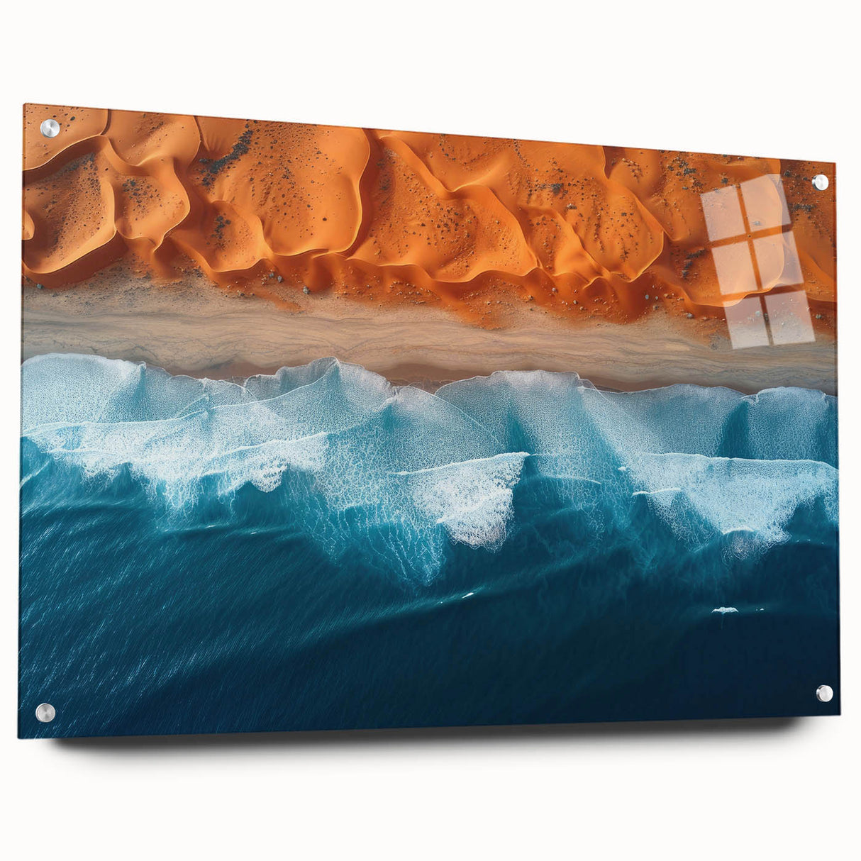 Acrylic print of a Namibian landscape, featuring earth tones and vivid blue sky, ideal for dining room decor.