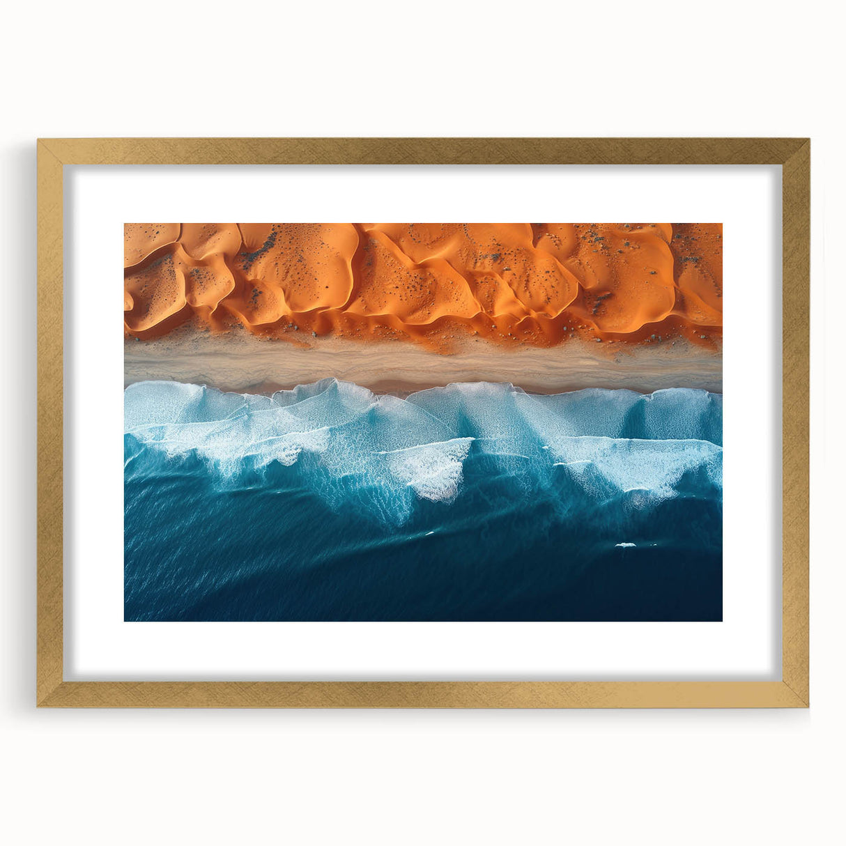 Textured art print of an abstract Namibian landscape in muted earth tones on a framed canvas, suitable for bedroom decor.