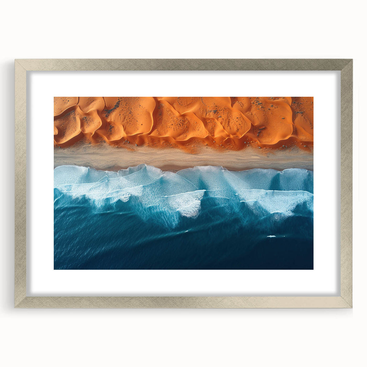 Abstract art print of a Namibian landscape in muted earth tones on a framed canvas, suitable for dining room decor.