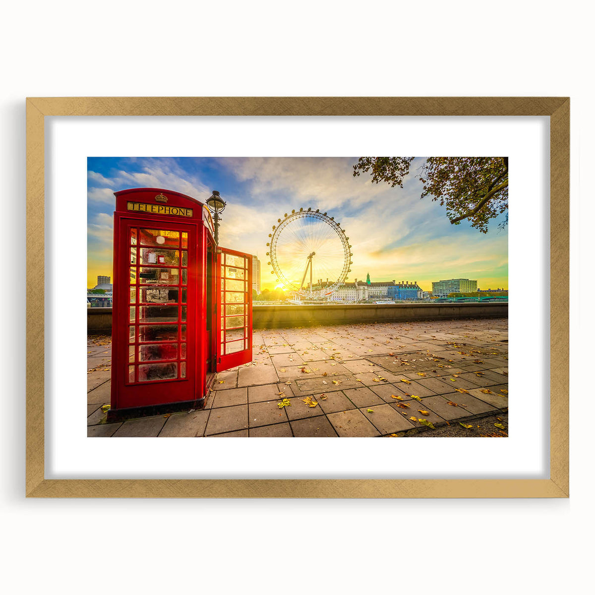 Abstract art print of London scenery in muted gold and blue tones on a framed canvas, suitable for dining room decor.