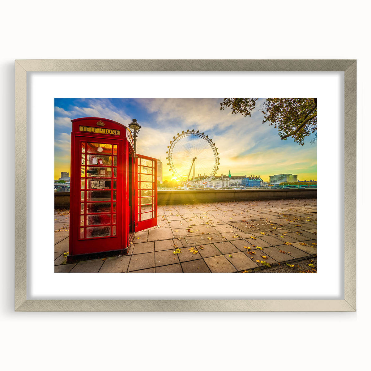 Extra large abstract art print of London scenery in muted gray tones, framed in silver, ideal for living room decor.