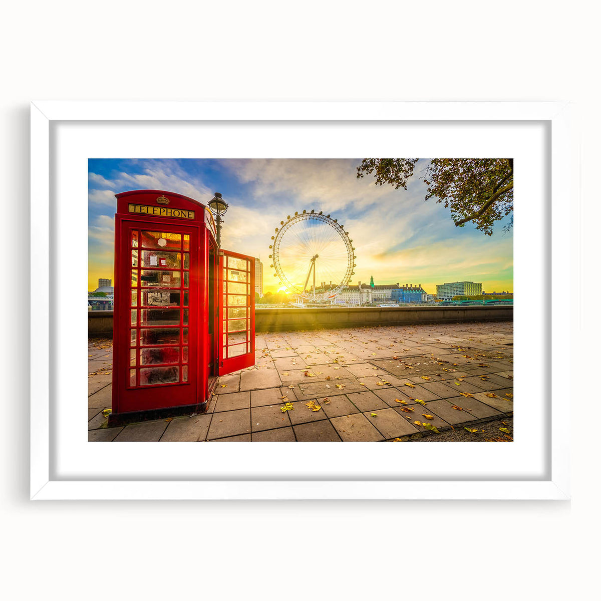Textured art depicting an abstract London skyline in muted gray and blue tones, framed with a white mat.