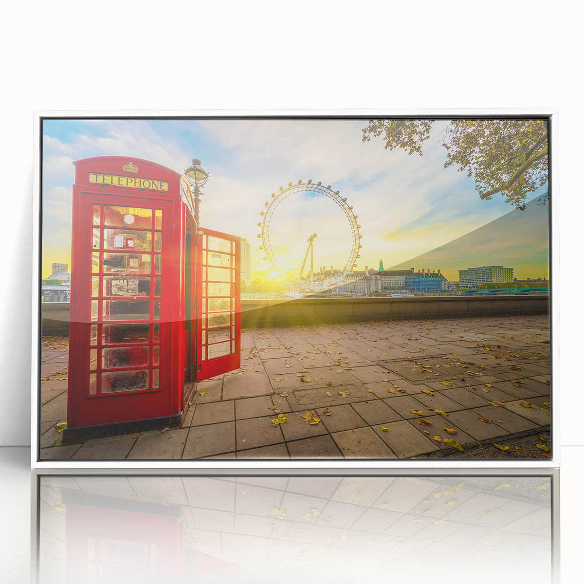 Mid-century modernist art of London scenery with muted colors on a framed acrylic, ideal for nursery wall decor.