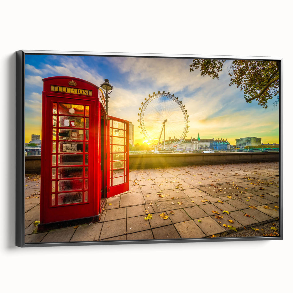 Black and white wall art of London landscape on framed canvas, suitable for bedroom decor.