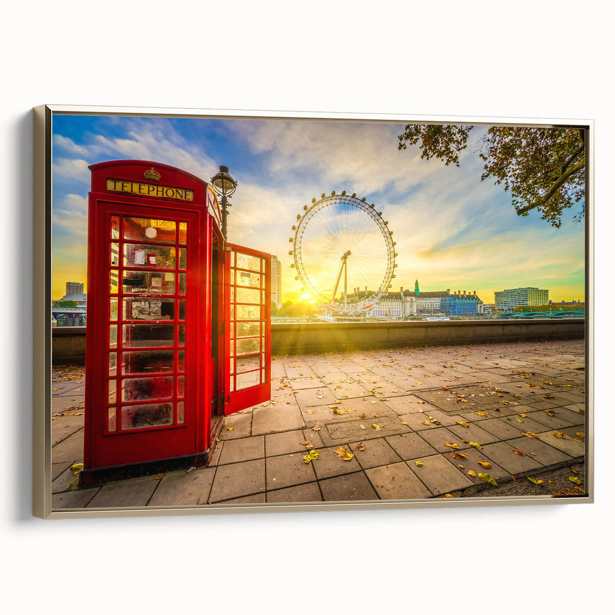 Landscape painting of London with muted gray and gold tones on a framed canvas, ideal for bedroom wall decor.