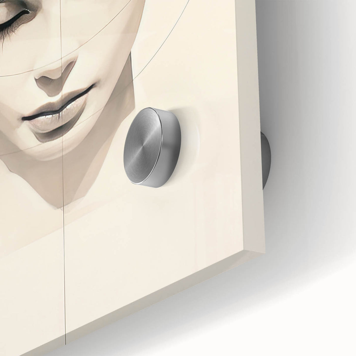 Close-up of abstract minimalist wall art design in shades of blue and gold, displayed on acrylic glass, showcasing a modern artistic style perfect for contemporary decor.