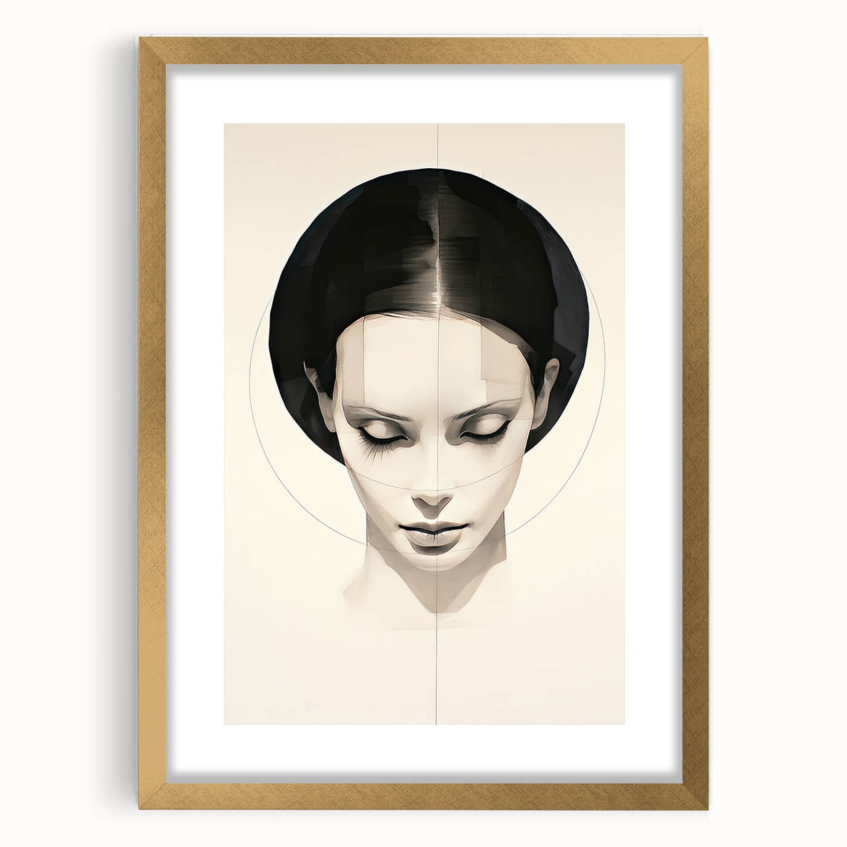 Abstract minimalist wall art featuring a gold frame and mat, showcasing geometric shapes and soft colors, perfect for modern home decor and aesthetic enhancement.