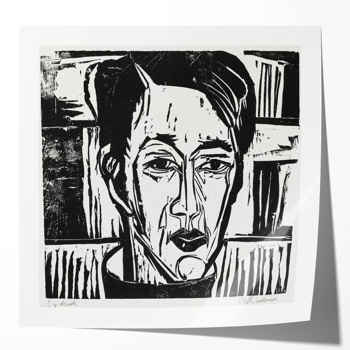 Expressionist Art - Wehrlin, Facing Front by Kirchner - Bold Woodcut Print