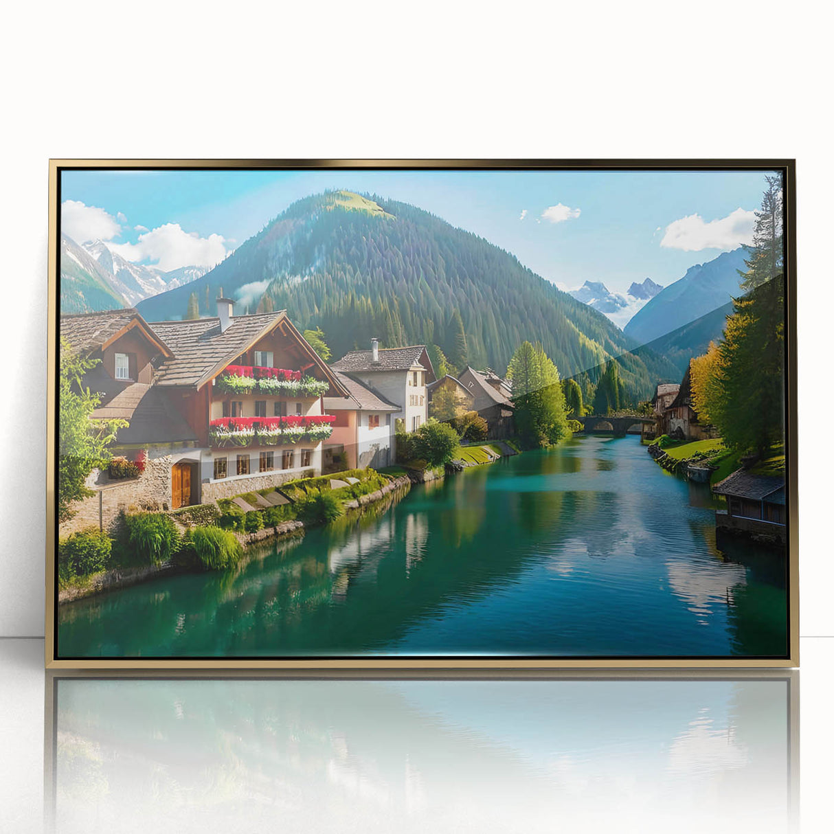 Art Deco poster of European scenery in Austria, featuring muted gold and green tones on a framed acrylic.