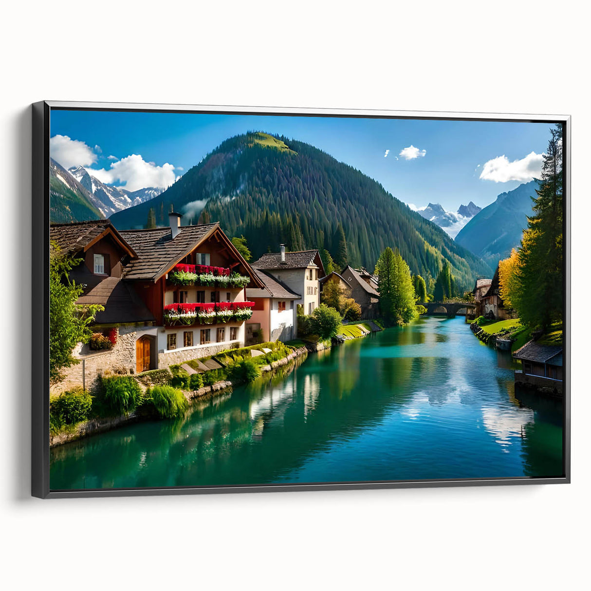 Black and white framed canvas of a vintage European landscape, ideal for bedroom wall art.