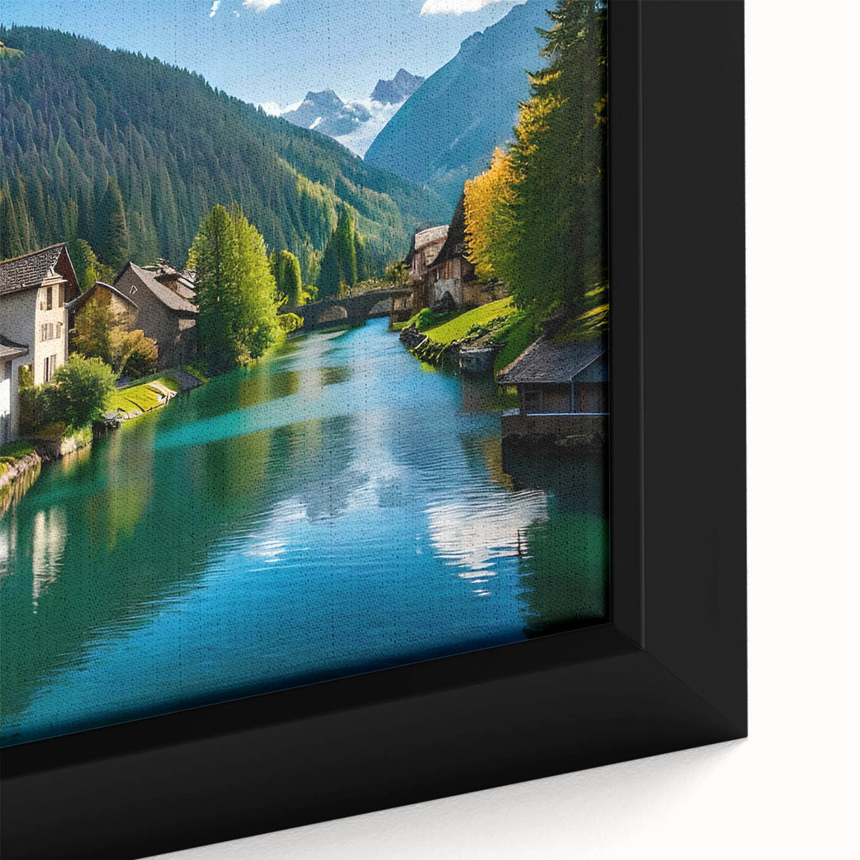 Extra large framed canvas featuring a textured depiction of a European scenery in black with colorful accents.