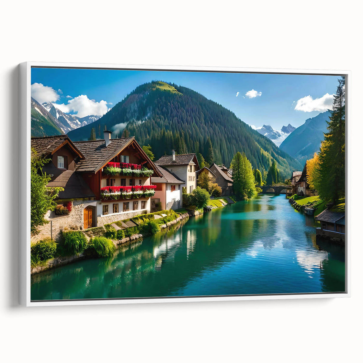 Vintage poster art of a European scenic view in Austria, featuring a white framed canvas with colorful imagery.