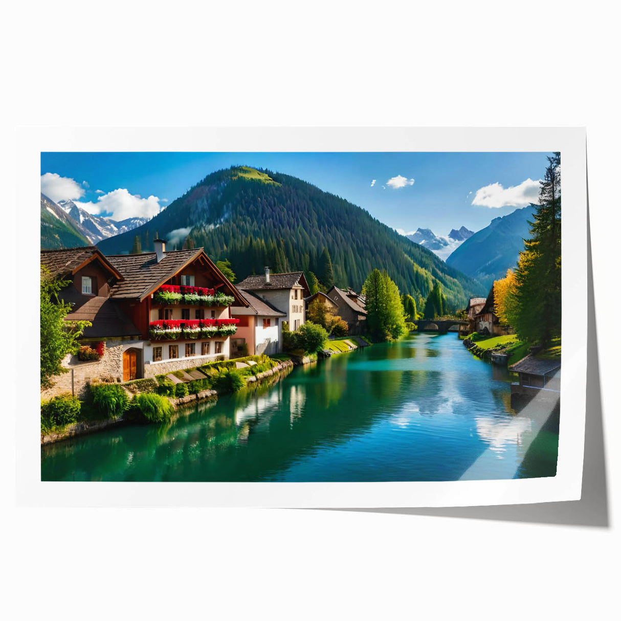 Extra large rolled print of a scenic Austrian landscape with vibrant green and blue tones, ideal for art wall dining room.