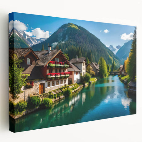 Panoramic view of an Austrian landscape on stretched canvas, featuring muted green and earth tones.