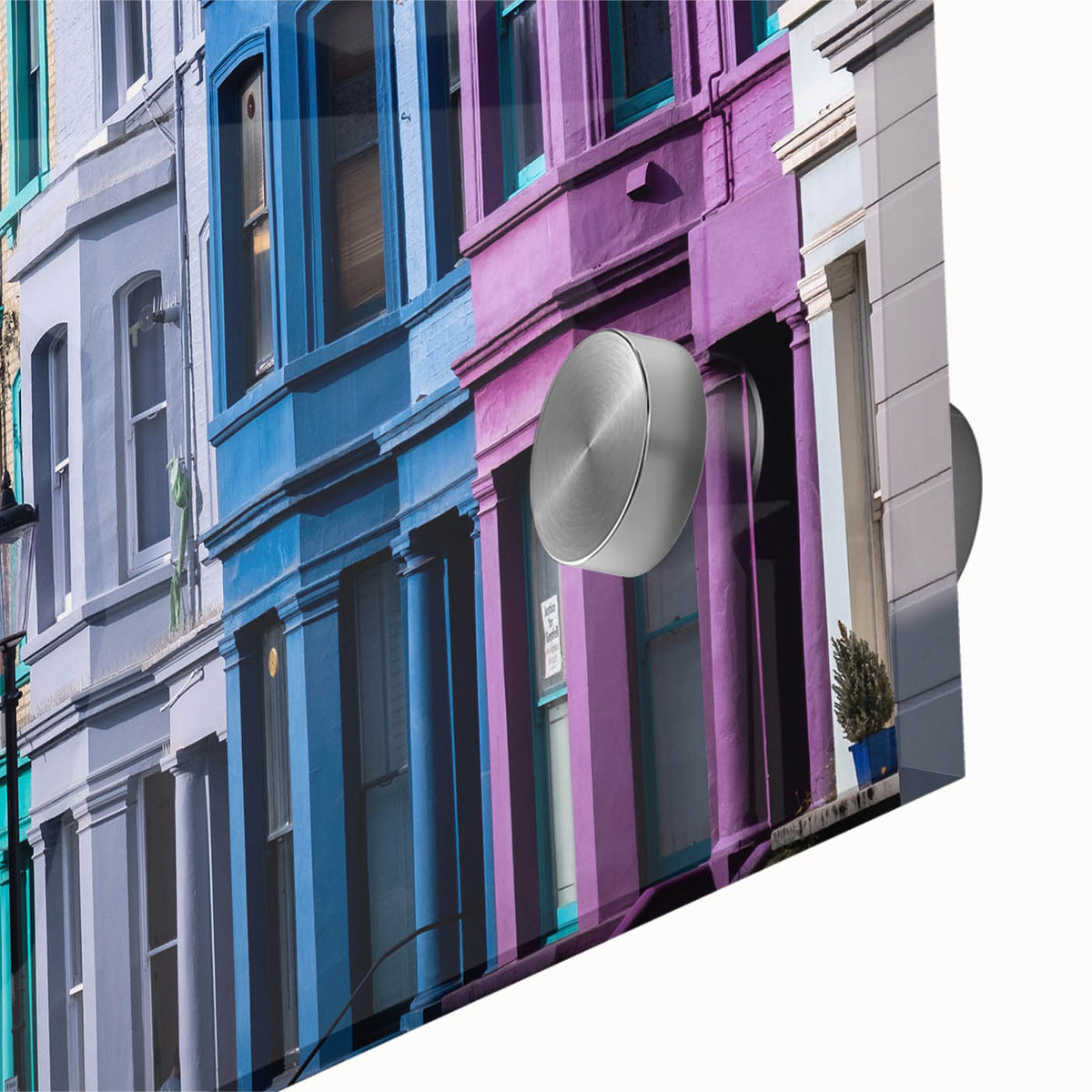 Large abstract wall art depicting a stylized London skyline in muted gray and blue tones on acrylic glass.