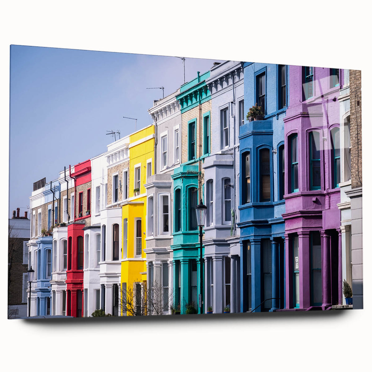 Acrylic print of a large abstract depiction of the London skyline in muted blue and gray tones.