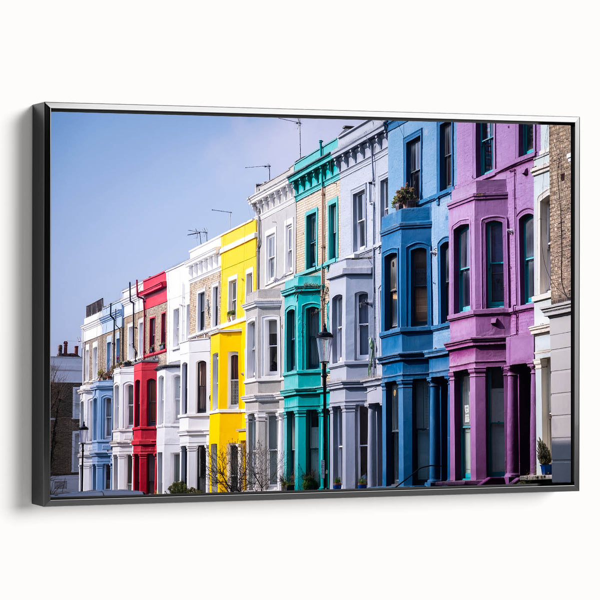 Black and white vintage poster art of London landscape on framed canvas, suitable for bedroom decor.