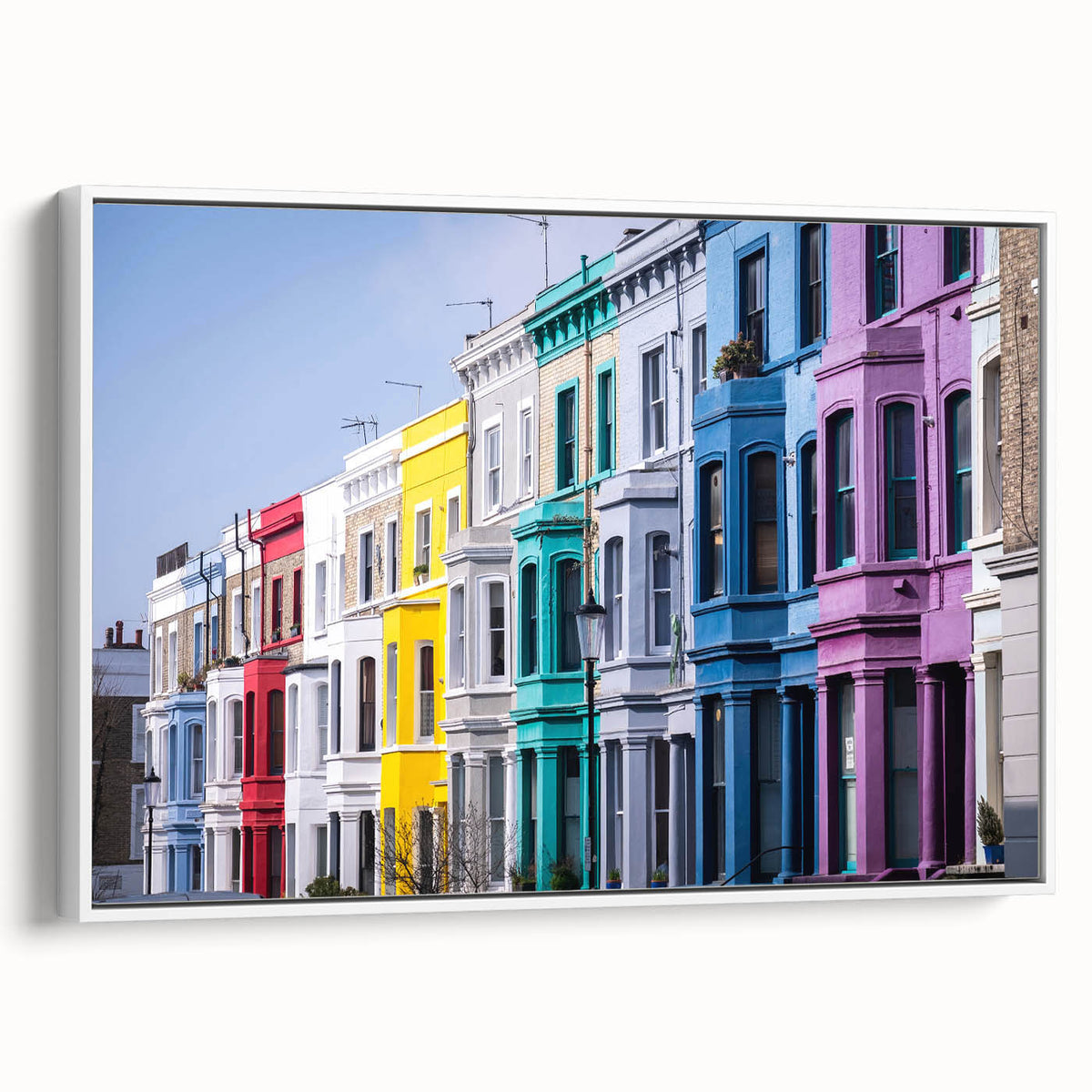 Vintage poster art of London scenery in vibrant colors on a large framed canvas, ideal for living room decor.