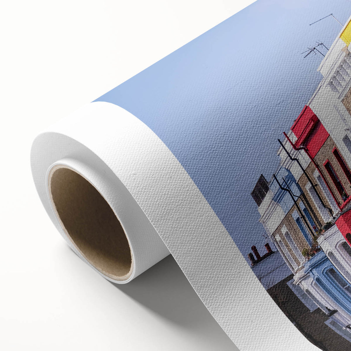 Art Deco poster of London scenery in pastel hues on rolled canvas, ideal for nursery wall art.
