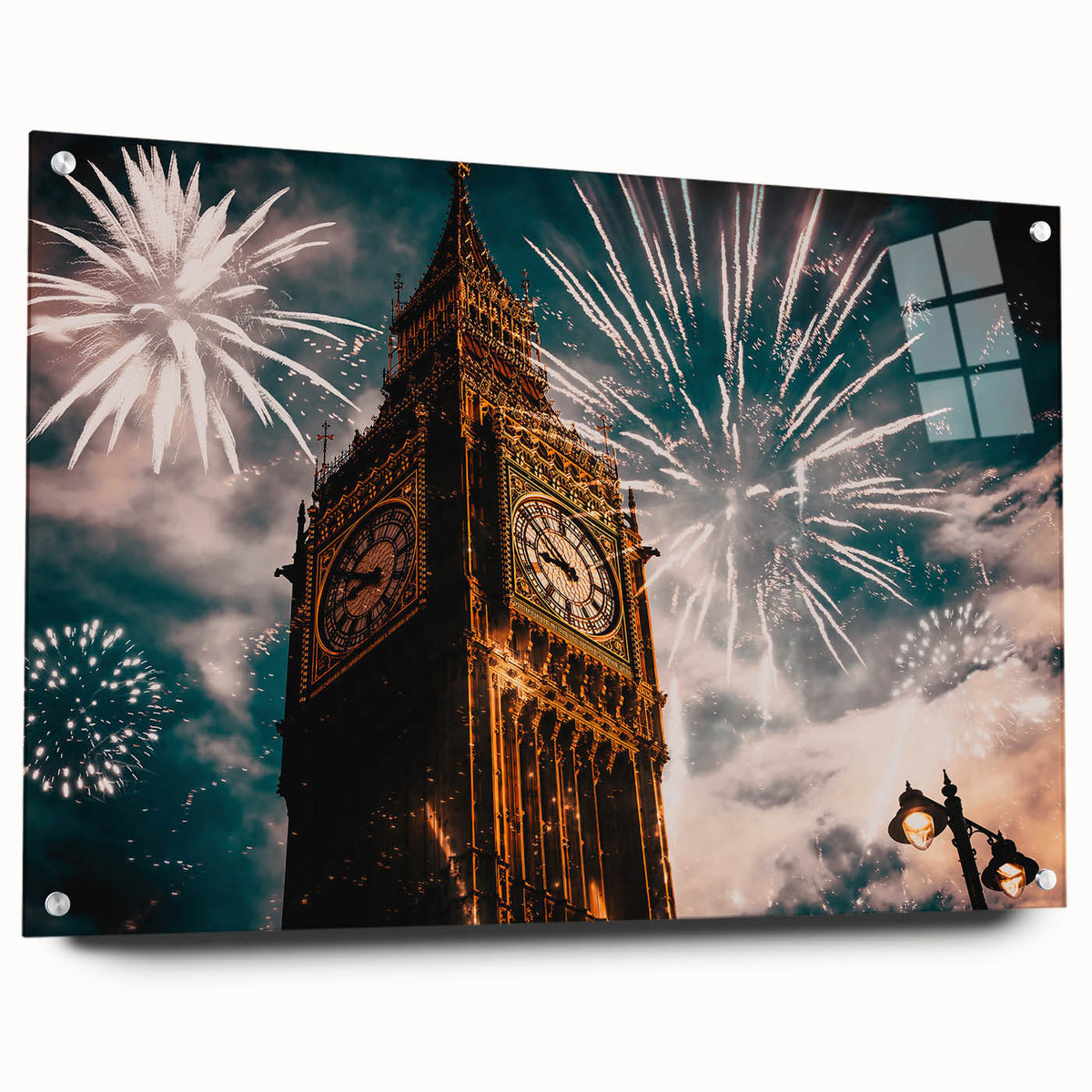 Acrylic print of London skyline in muted gray and blue tones, ideal for dining room decor.