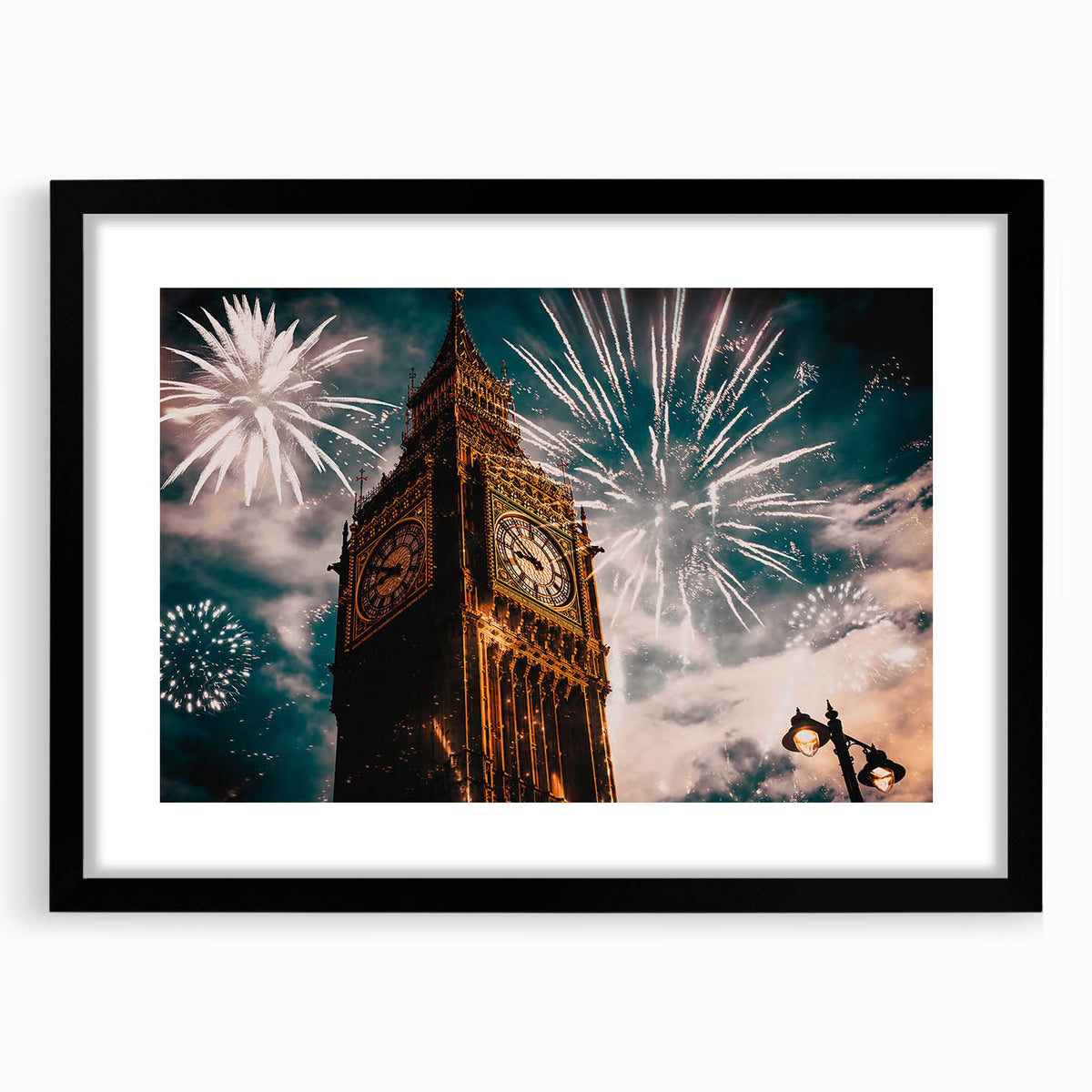 Abstract art print of a colorful London skyline in textured hues of blue and red on a large framed canvas.