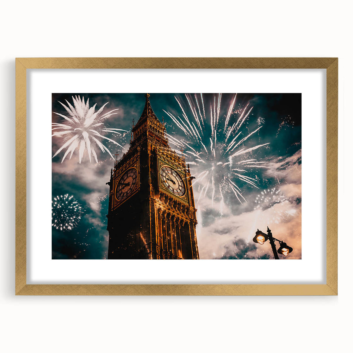 Abstract art print of London scenery in muted gold and gray tones on a framed canvas, suited for dining room decor.