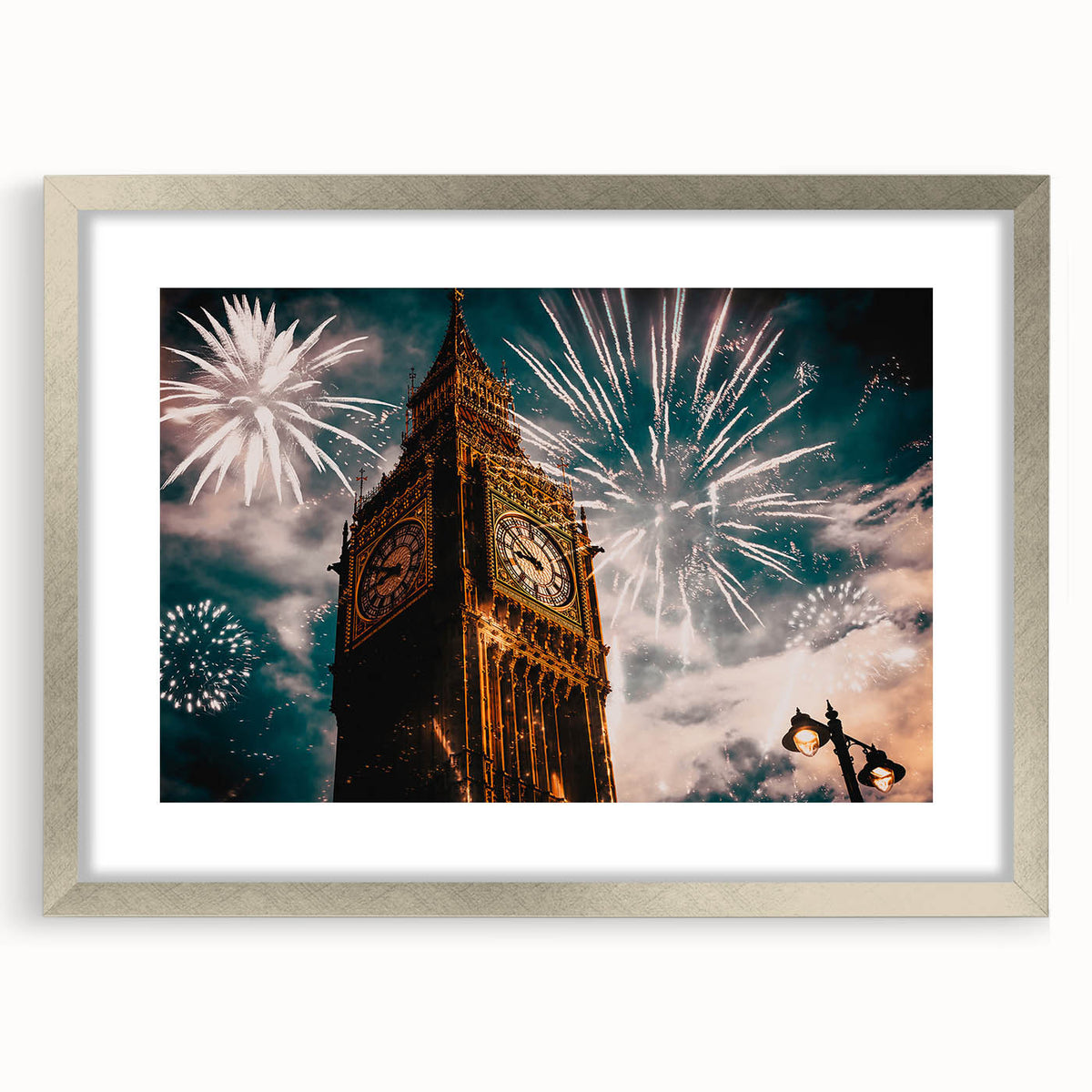 Extra large abstract art print of a textured London scenery in muted earth tones, framed in silver.