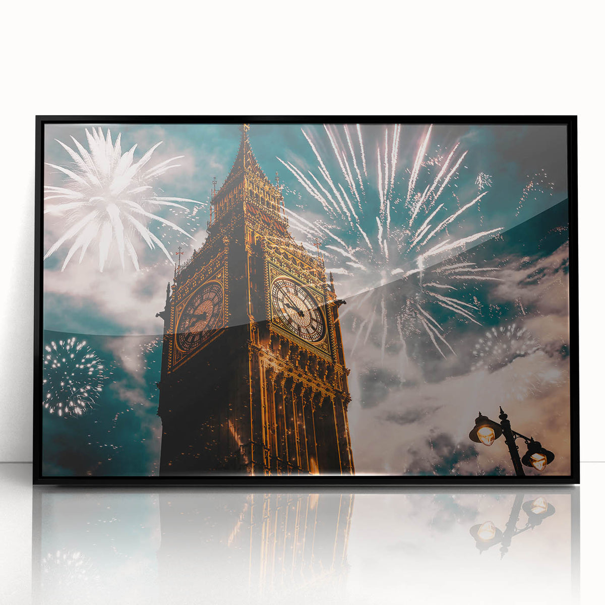 Large abstract wall art depicting a stylized London skyline in muted gray and blue tones on a framed acrylic.