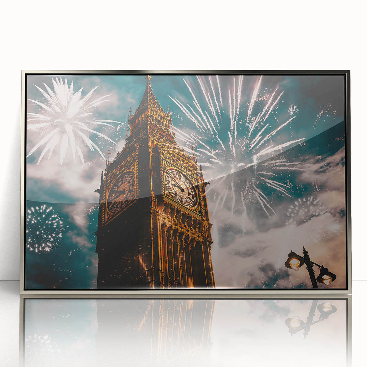 Large acrylic print of the London skyline in muted silver tones, framed, ideal for modern art wall decor.