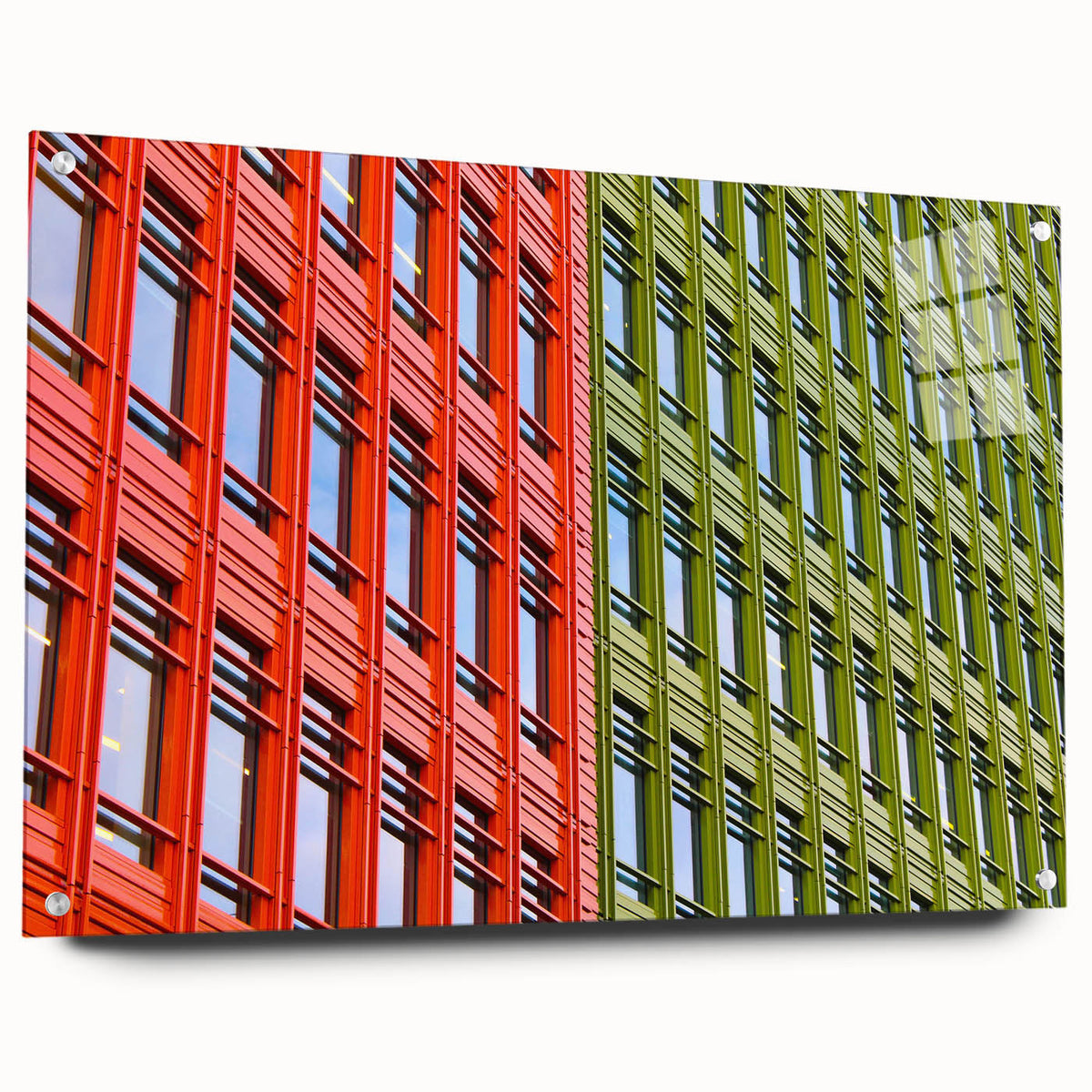 Acrylic print of London's skyline in muted gray and blue tones, ideal for modern bedroom or dining room decor.
