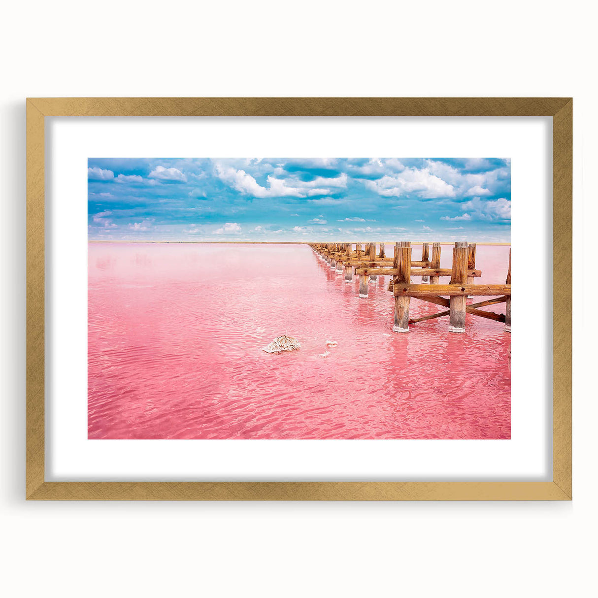 Extra large abstract art print of Yucatan scenery in textured style, with muted earth tones, framed in gold.