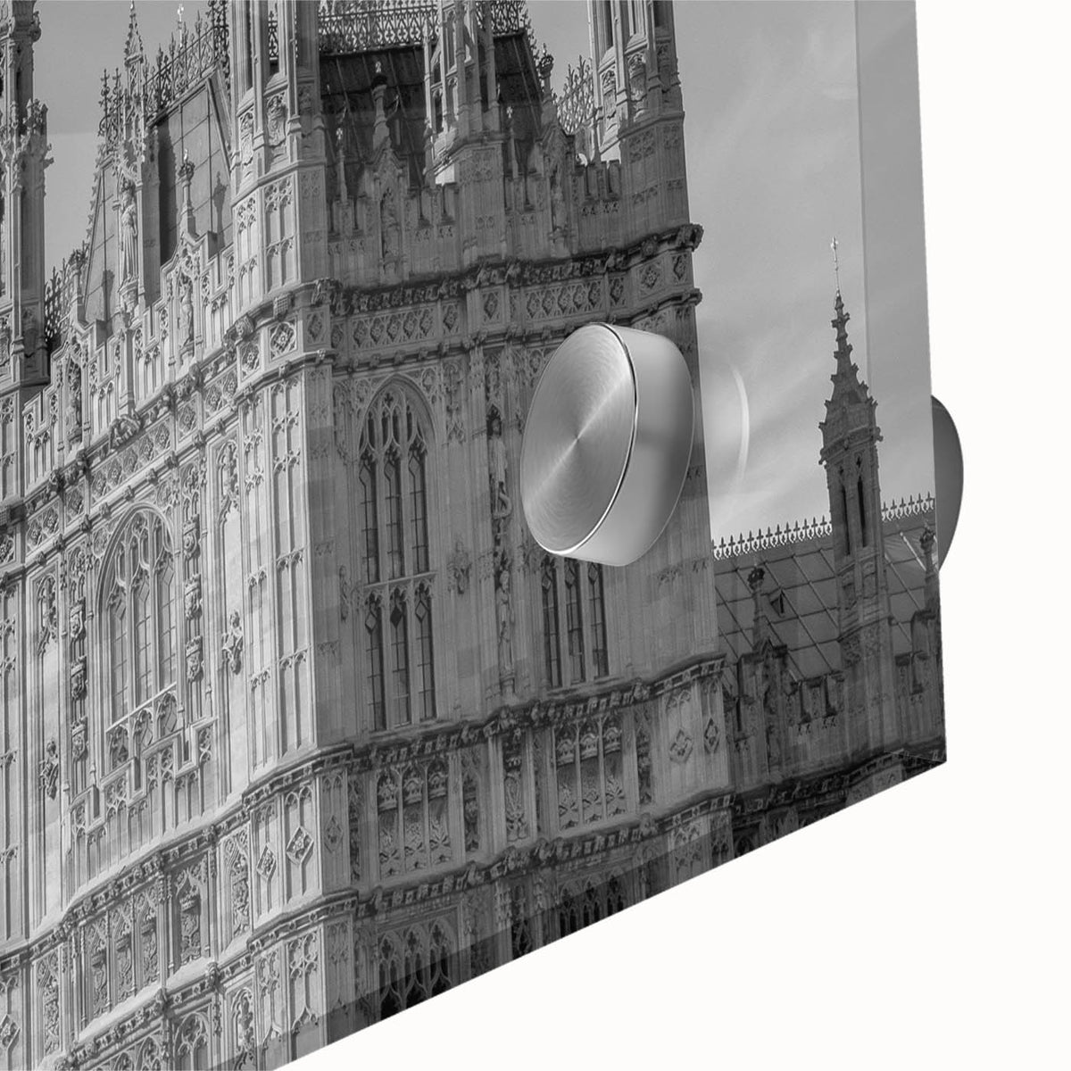 Large abstract depiction of London on acrylic glass with muted blue and gray tones, ideal for dining room art.