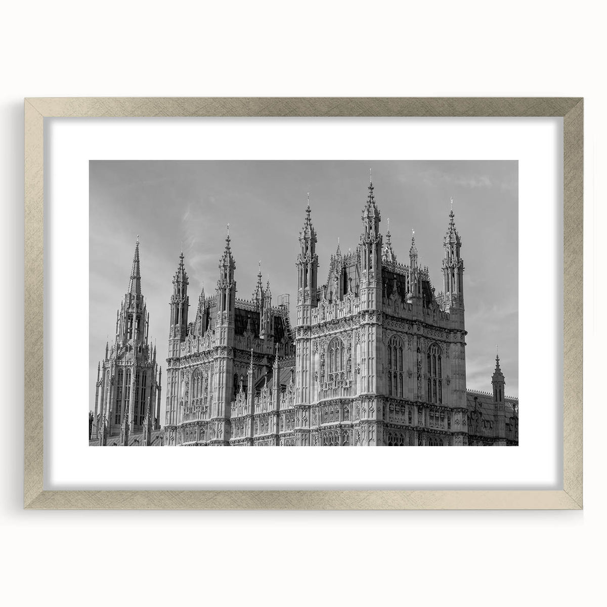 Extra large abstract art print of London skyline in textured silver frame, ideal for living room decor.