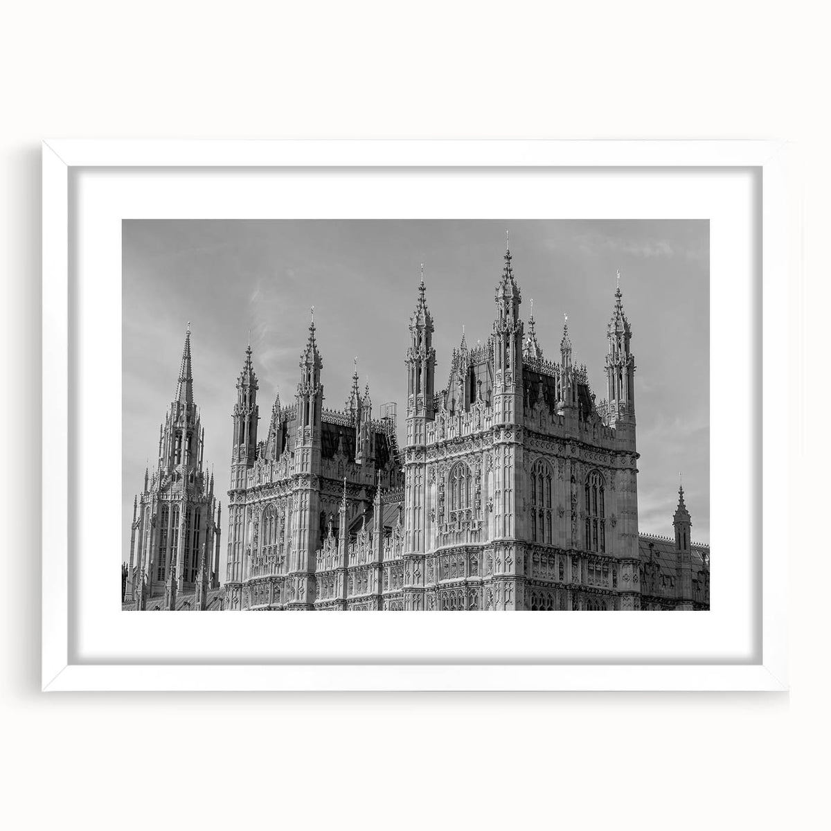Textured abstract art print of London scenery in muted gray, ideal for bedroom art, framed with a white mat.