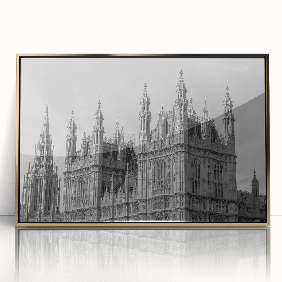 Art deco poster of London skyline in muted gold and gray tones on a framed acrylic, suitable for modern art wall decor.