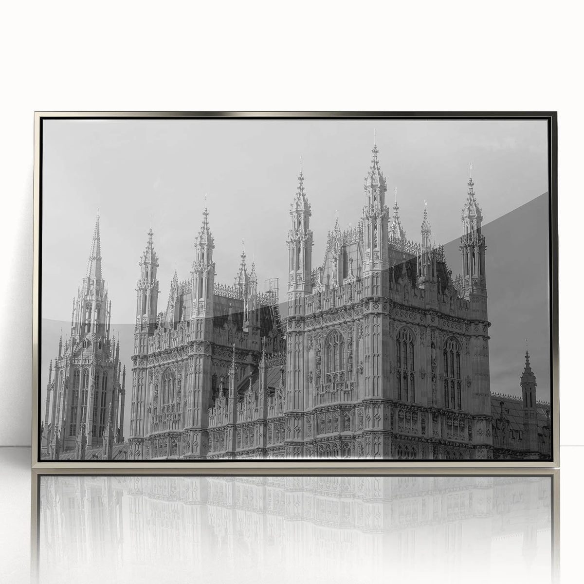 Large art print of London scenery with silver frame, in mid-century modernist style, perfect for modern decor.