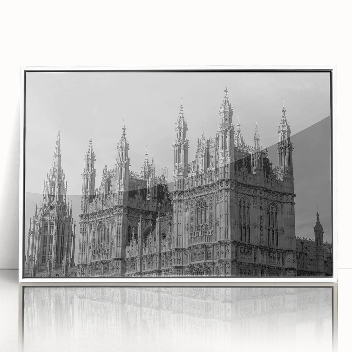 Mid-century modernist London skyline in muted gray and blue tones on a framed acrylic, ideal for nursery wall art.