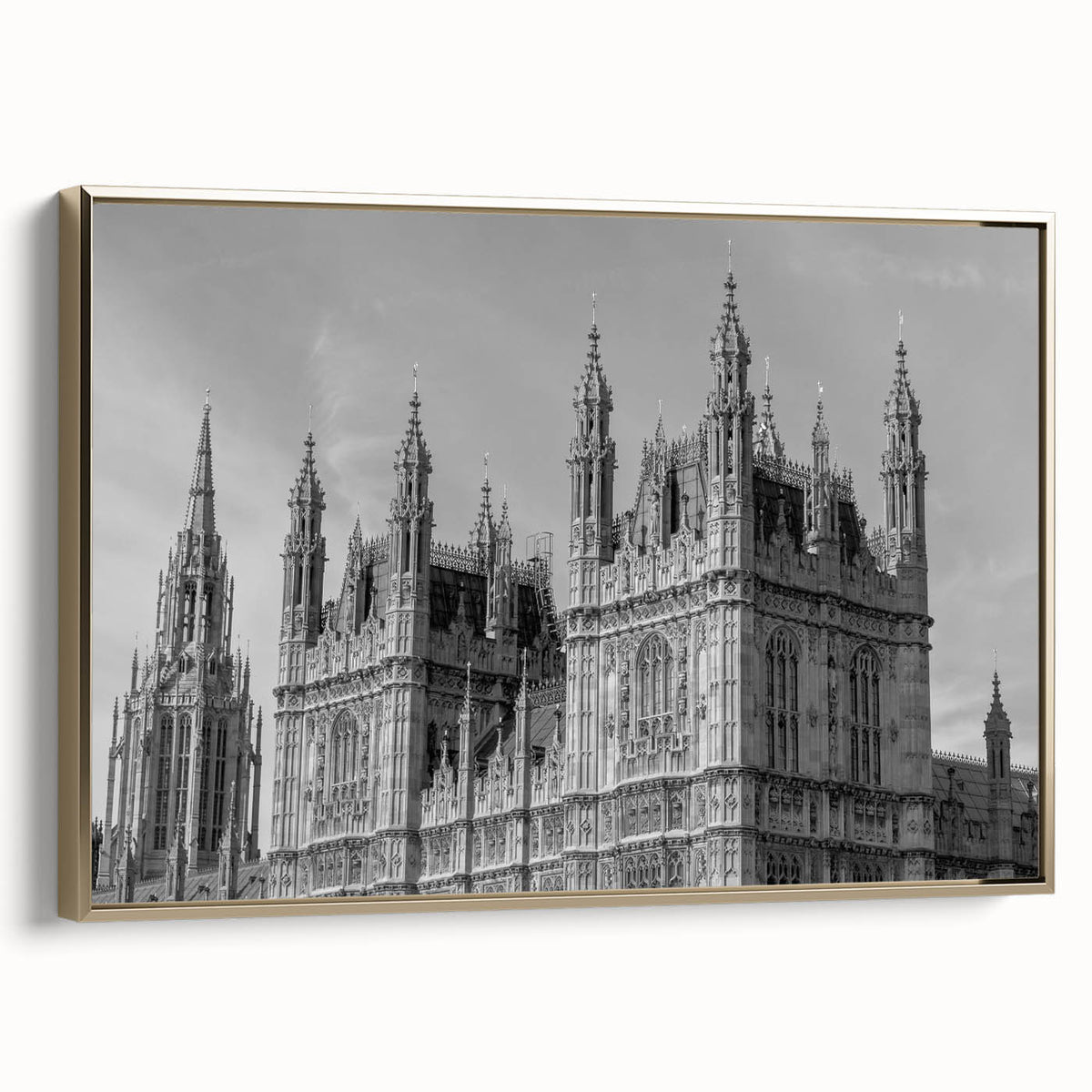 Framed canvas featuring a vintage-style London landscape in black and gold tones, ideal for bedroom wall art.