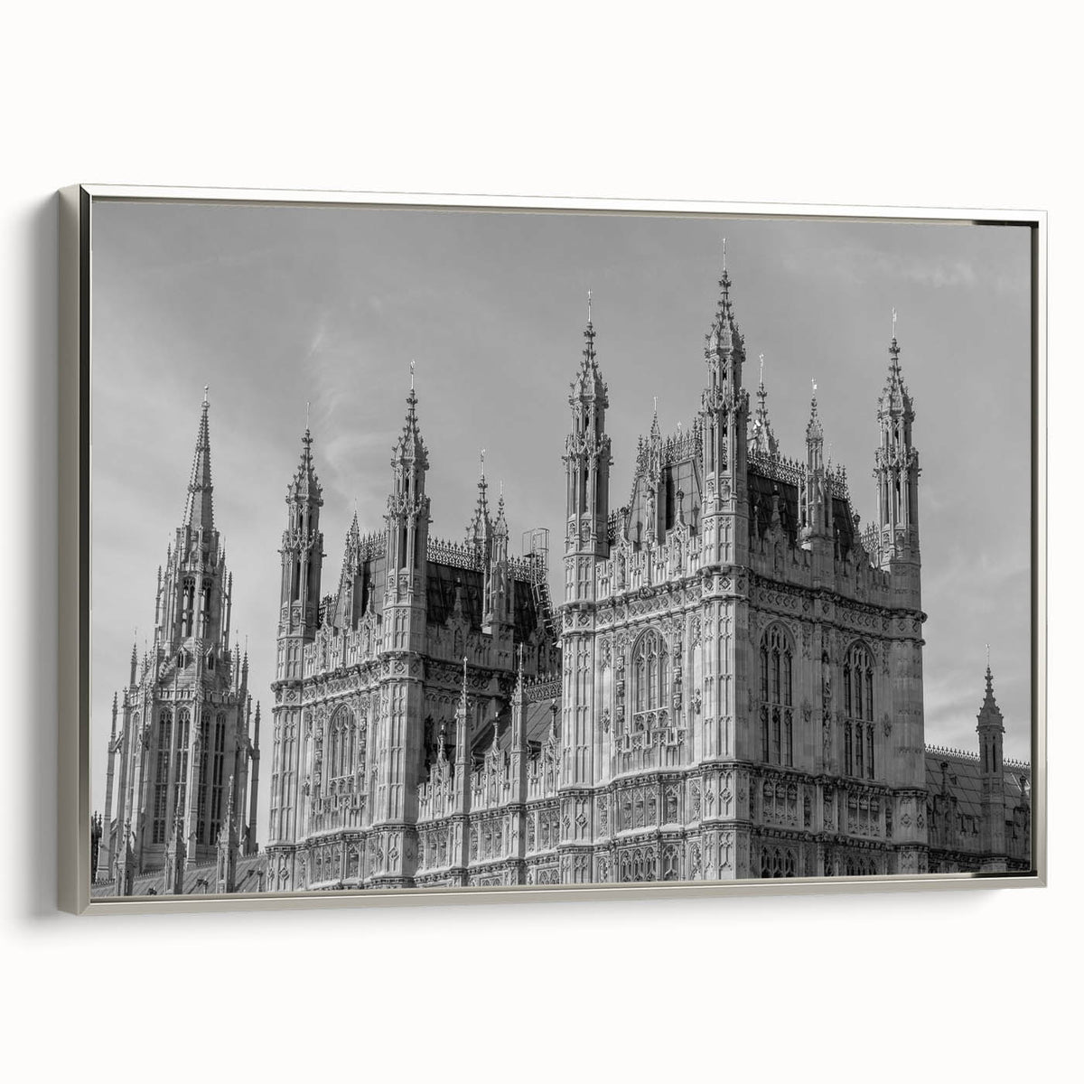 Framed canvas of a vintage London landscape painting featuring muted colors, ideal for office decor.