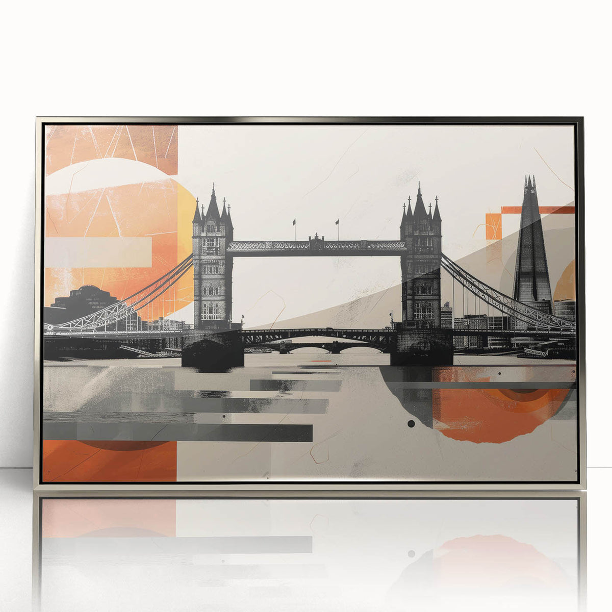 Acrylic print of London scenery in muted colors, framed in silver, ideal for modern art wall decor.