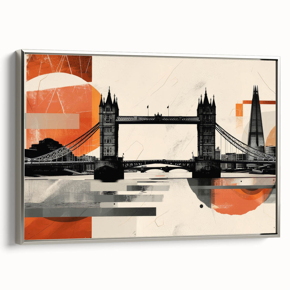 Landscape art painting of London with colorful art, framed in silver, on canvas, ideal for office decor.