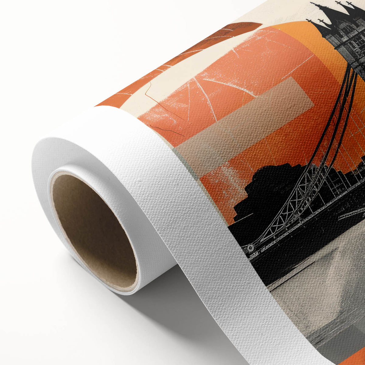 Art Deco-style poster of London scenery on rolled canvas, featuring muted earth tones.