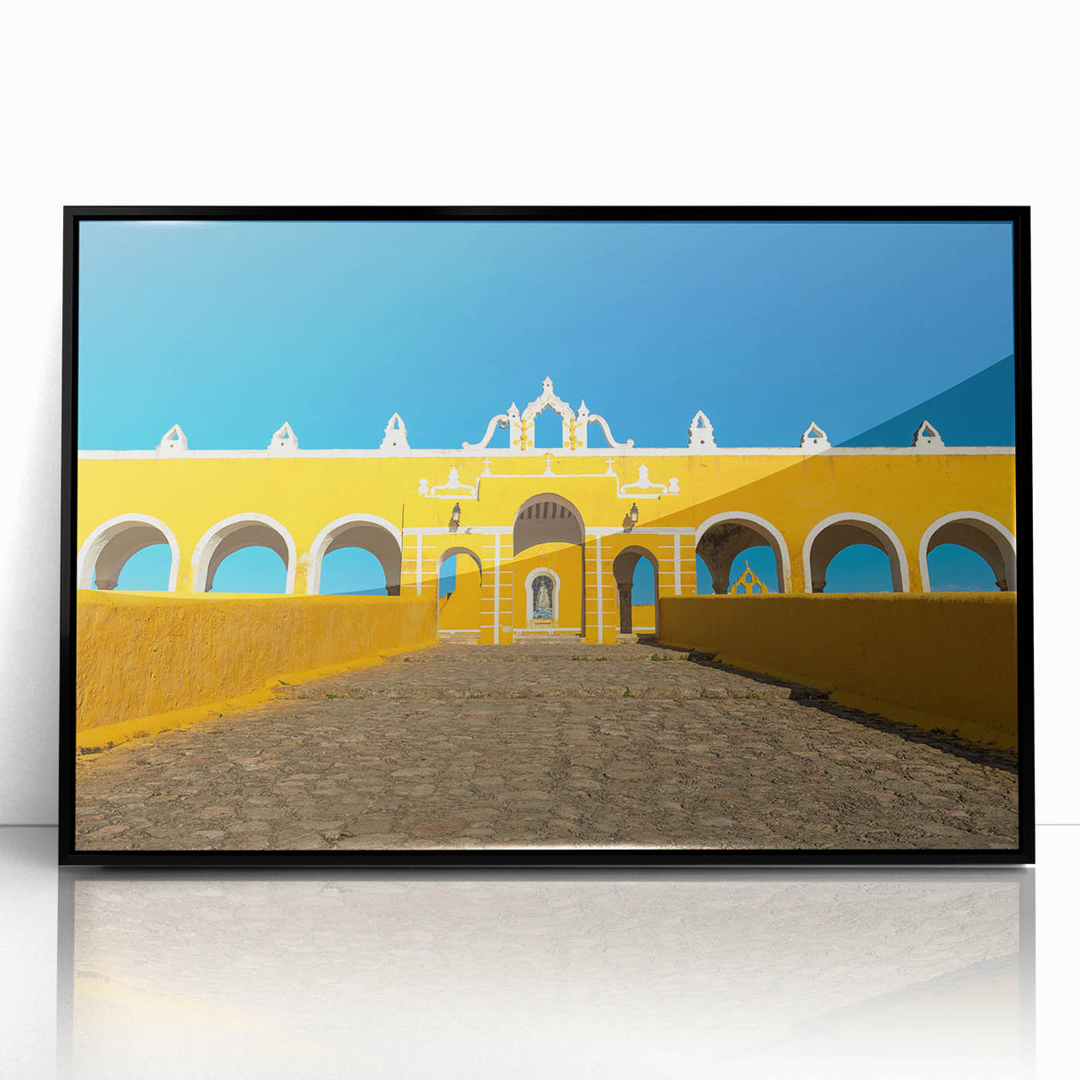 Large abstract wall art depicting a vibrant Mexican Yucatan landscape on black framed acrylic.