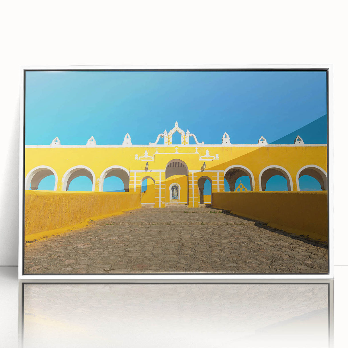 Framed acrylic print of a Yucatan scenery in art deco style with soft pastel colors, ideal for modern nursery wall decor.