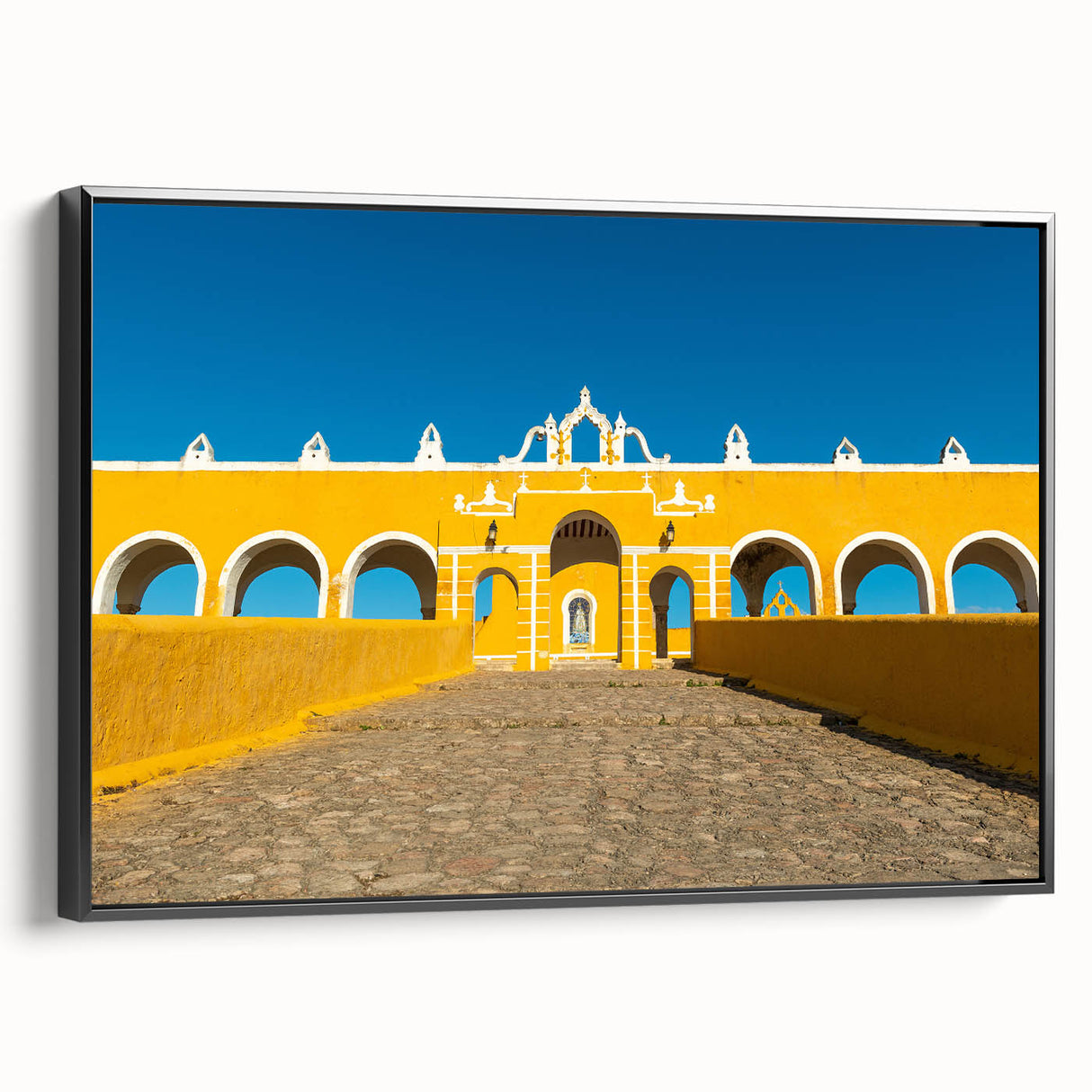 Black and white landscape art painting of Yucatán on a framed canvas, ideal for bedroom wall decor.