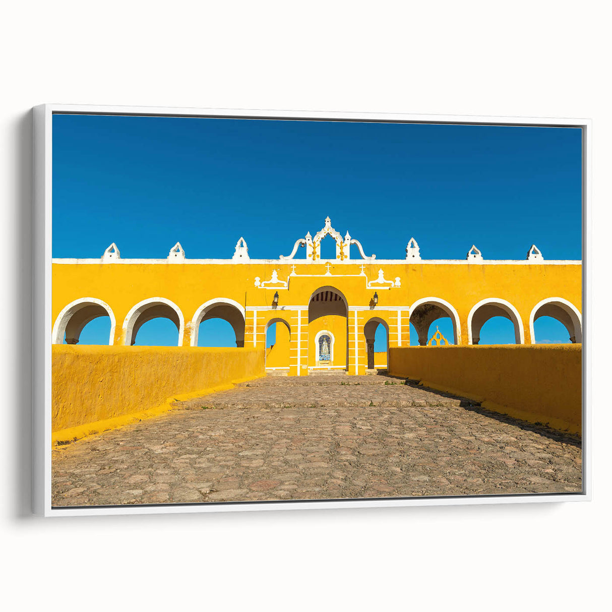 Vintage poster art of Yucatan scenery on extra large framed canvas, featuring vibrant colors, ideal for living room decor.