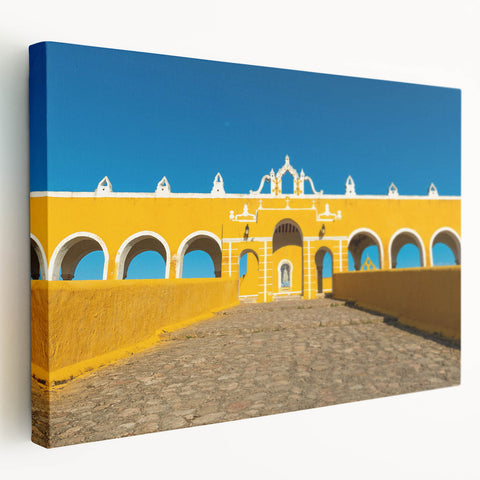 Large canvas print depicting a serene Yucatan landscape, in soft green and blue tones, suitable for kitchen wall art.