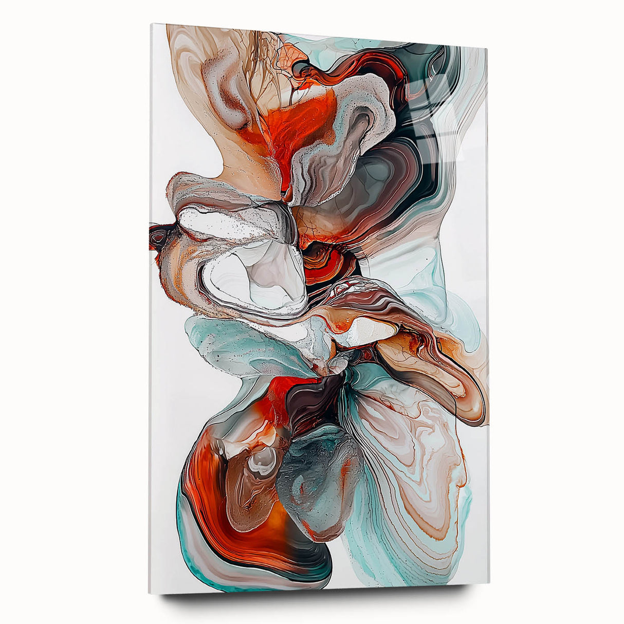 Abstract minimalist acrylic artwork displayed from a side view, showcasing vibrant colors and smooth glass texture, ideal for modern home decor.