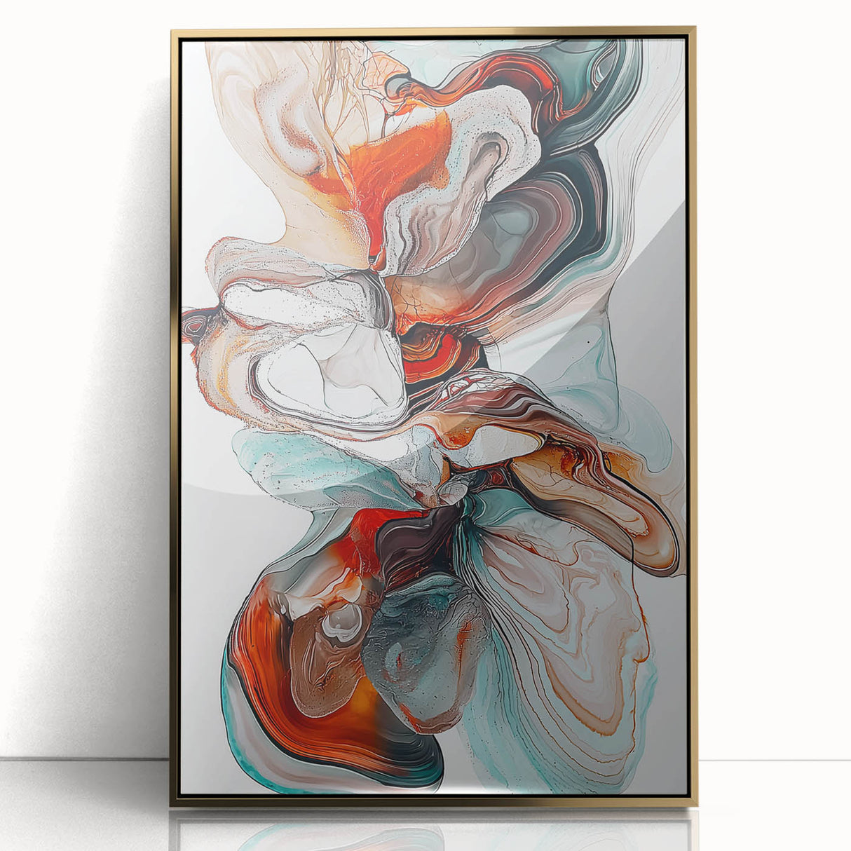Framed acrylic artwork showcasing an abstract minimalist design in gold tones, set against a sleek modern backdrop, ideal for contemporary decor.