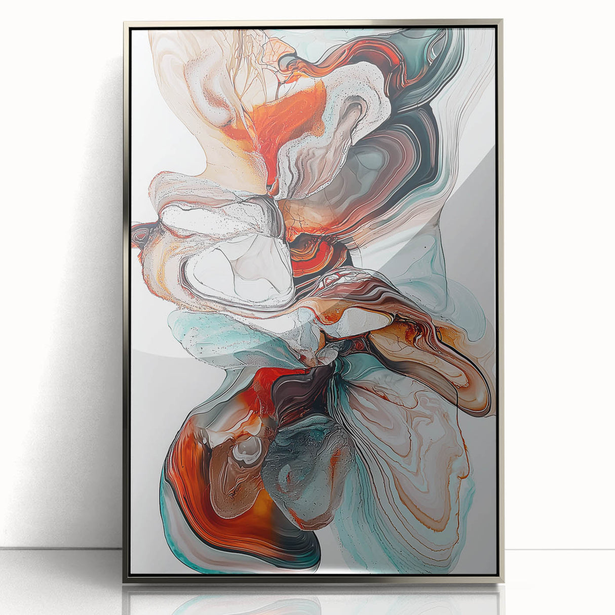 Framed acrylic abstract artwork with minimalist silver design, showcasing fluid shapes and subtle gradients, ideal for modern home decor in stylish interiors.